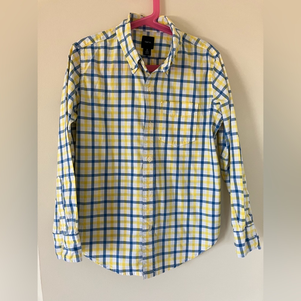 GAP- Boys Shirt Button-up Long Sleeve White/yellow/blue. Size M (8)